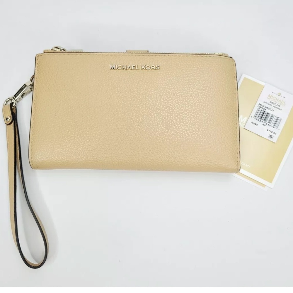 Michael Kors Jet Set Travel Double Zip Leather Wristlet Wallet Butternut - Picture 4 of 10